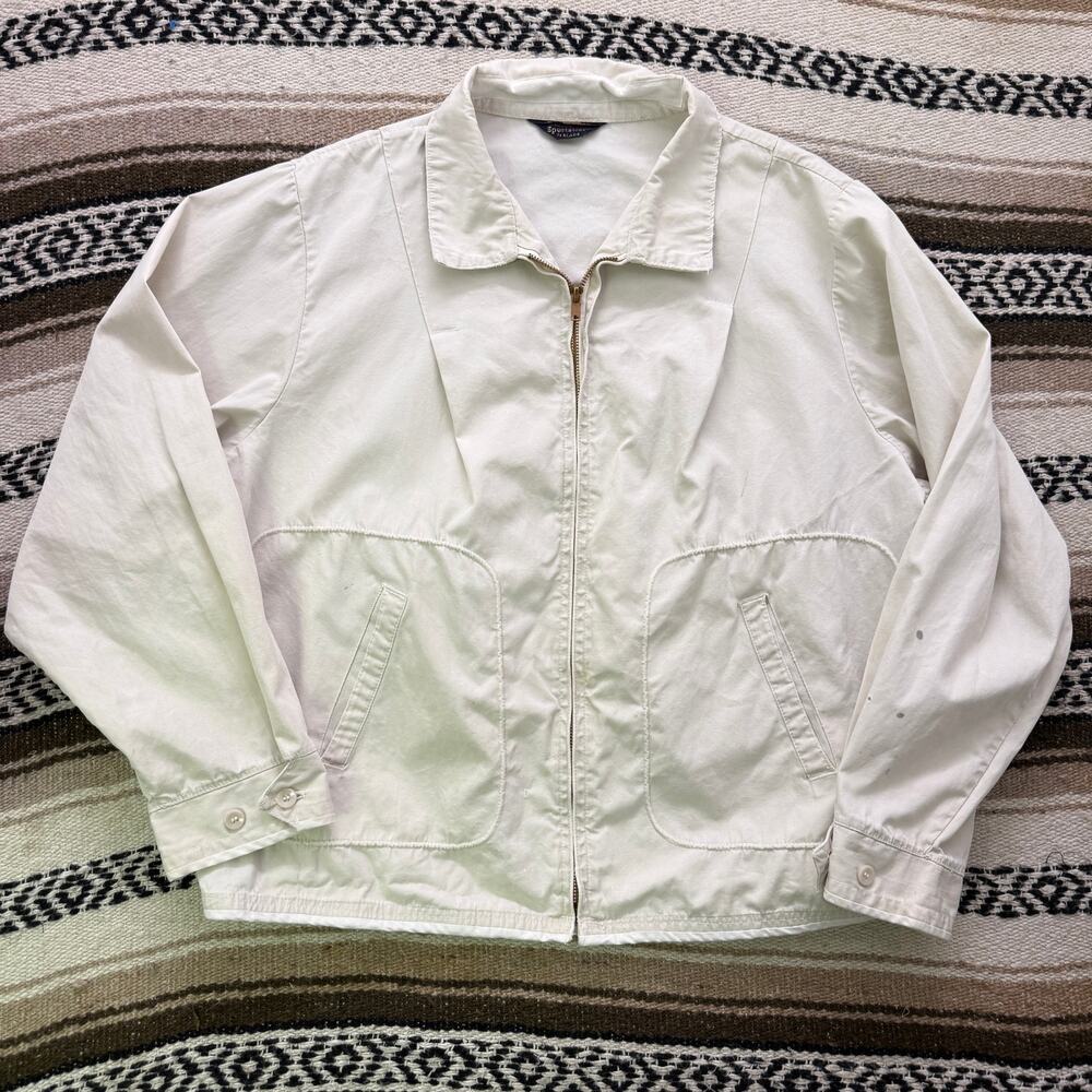 Men's Vintage 60's White Cotton Crop Racing Harrington Zip Up Jacket Sz Large